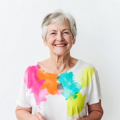 Smiling elderly woman in colorful splatter shirt