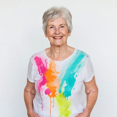 Smiling elderly woman in colorful splatter shirt