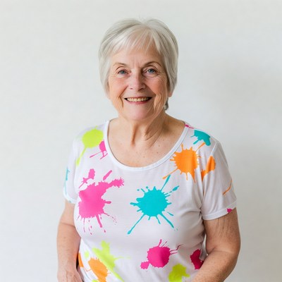 Smiling elderly woman in colorful splatter shirt