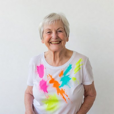 Elderly woman in neon paint splatter shirt