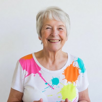 Smiling elderly woman in colorful splatter shirt