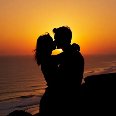 Silhouette couple kissing at sunset beach