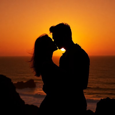Silhouette couple kissing at sunset beach