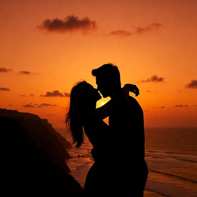 Silhouette couple kissing at sunset