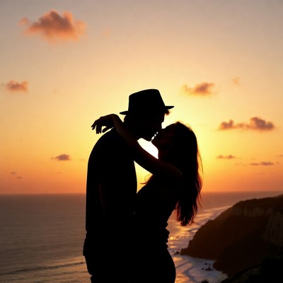 Silhouette couple kissing at sunset