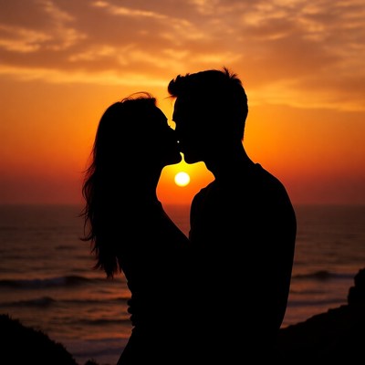 Silhouette couple kissing at sunset