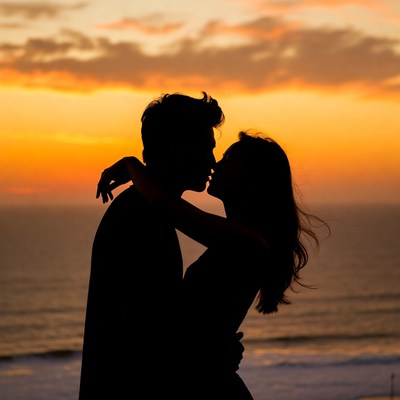 Silhouette couple kissing at sunset beach