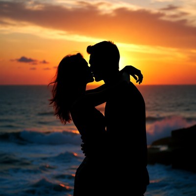 Silhouette couple kissing at sunset beach
