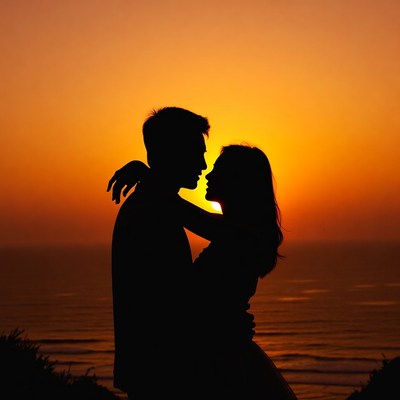 Silhouette couple embracing at sunset beach