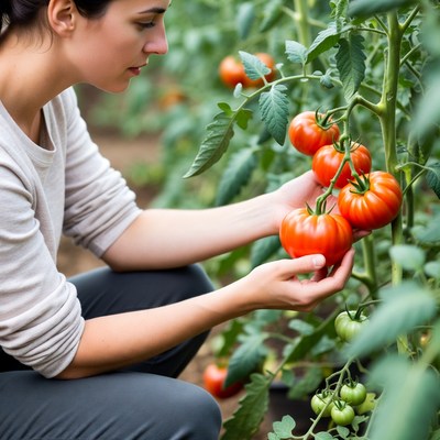Woman picking tomatoes in garden