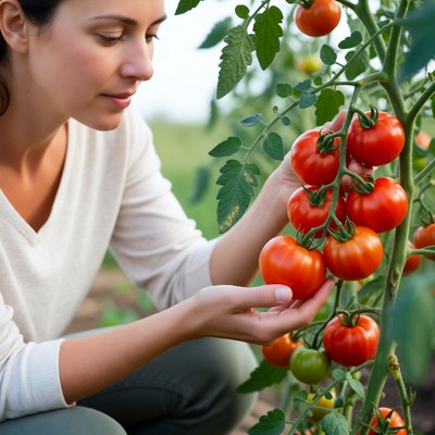 Woman picking ripe tomatoes from plant