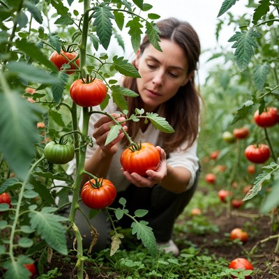 Woman picking tomato in greenhouse