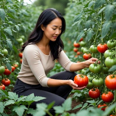 Asian woman picking tomato in greenhouse