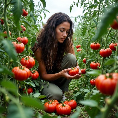 Woman holding tomato in field