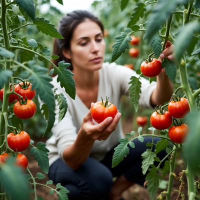 Woman picking tomato in greenhouse