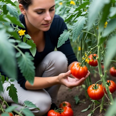 Woman picking tomato in garden