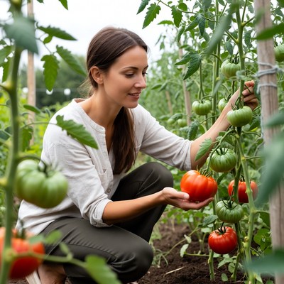 Woman picking tomatoes in garden
