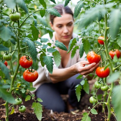 Woman picking tomatoes in greenhouse
