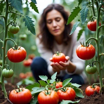 Woman holding tomato in greenhouse