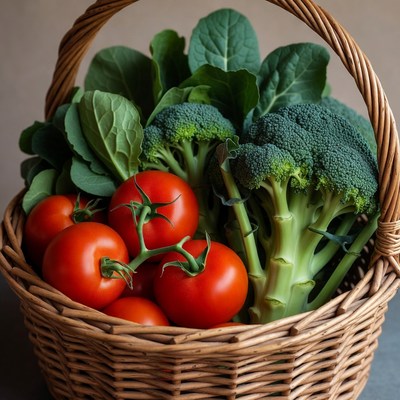 Basket of Tomatoes and Broccoli