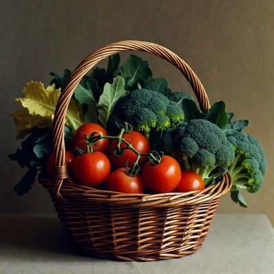 Fresh Tomatoes and Broccoli in Wicker Basket