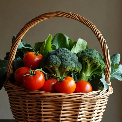 Basket of fresh tomatoes and broccoli