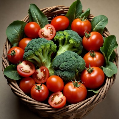 Tomatoes and Broccoli in Wicker Basket