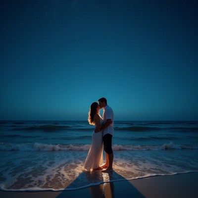 Couple kissing on beach at night