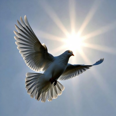 White Dove Flying with Sun Rays