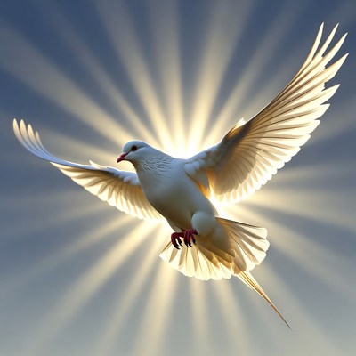 White Dove Flying with Sun Rays