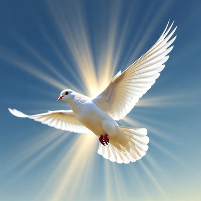 White Dove Flying with Light Rays