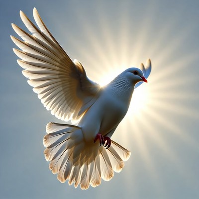 White Dove Flying with Sun Rays