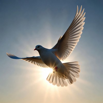 White Dove Flying with Sun Rays