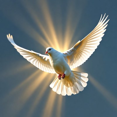White Dove Flying with Sun Rays