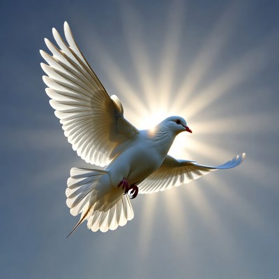 White Dove Flying with Sun Rays