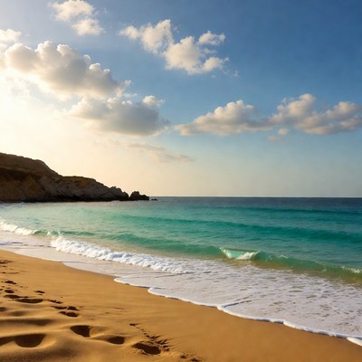 Sandy Beach with Footprints and Turquoise Waves