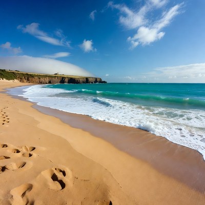 Sandy Beach Footprints and Ocean Waves