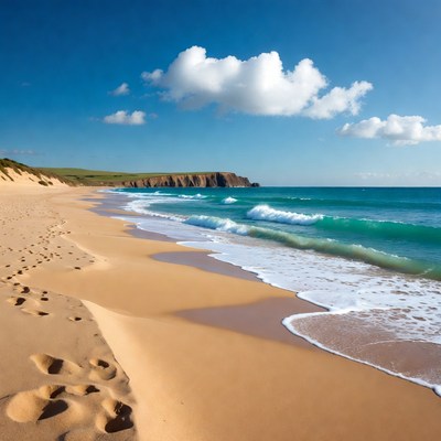 Sandy Beach with Footprints and Ocean Waves