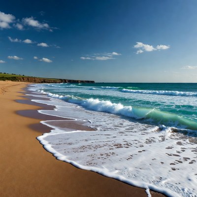 Sandy Beach with Turquoise Waves and Cliffs