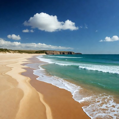 Sandy Beach with Cliffs and Ocean Waves
