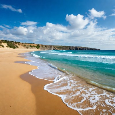 Sandy Beach with Turquoise Waves and Cliffs