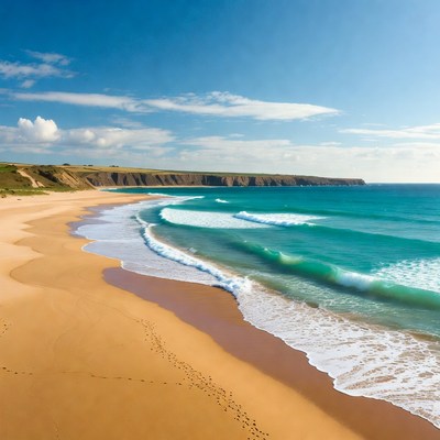 Sandy Beach with Cliffs and Waves