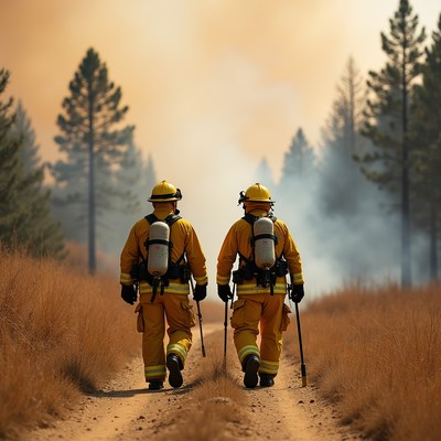 Two Firefighters Walking in Wildfire Forest