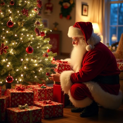 Santa Claus placing gifts under Christmas tree