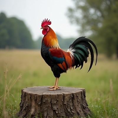 Colorful Rooster Standing on Stump