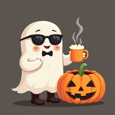 Cartoon Ghost with Beer and Pumpkin