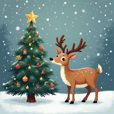 Reindeer looking at Christmas tree