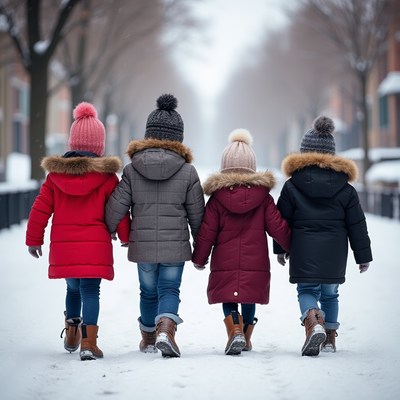 Girls Holding Hands Walking in Snow