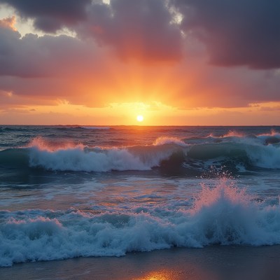 Ocean Sunset with Crashing Waves