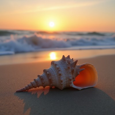 Seashell on beach at sunset